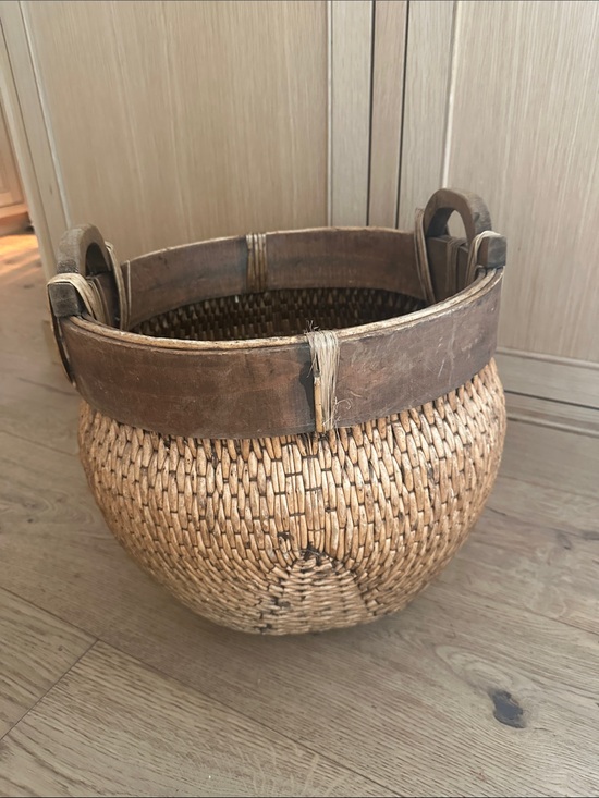 Other - Chinese Woven Willow Basket w/ 2 Wood Handles Asian Vintage Antique 19th Century